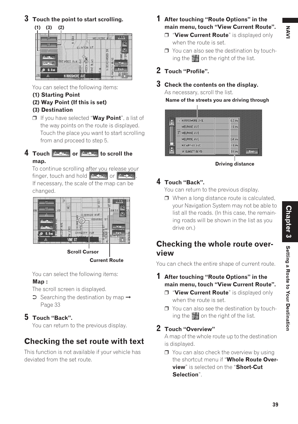 Checking the set route with text, Checking the whole route overview, Checking the whole route over- view | Pioneer AVIC-D1 User Manual | Page 41 / 133