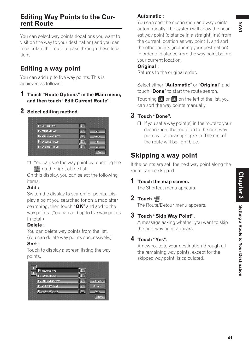 Editing way points to the current route, Editing a way point, Skipping a way point 41 | Editing way points to the cur- rent route, Skipping a way point | Pioneer AVIC-D1 User Manual | Page 43 / 133