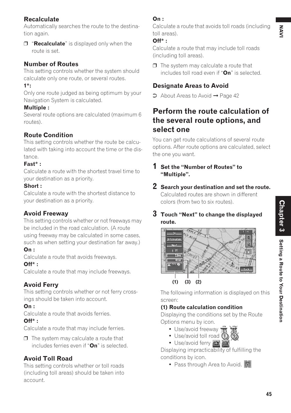 Perform the route calculation of the several rou, Te options, and select one | Pioneer AVIC-D1 User Manual | Page 47 / 133