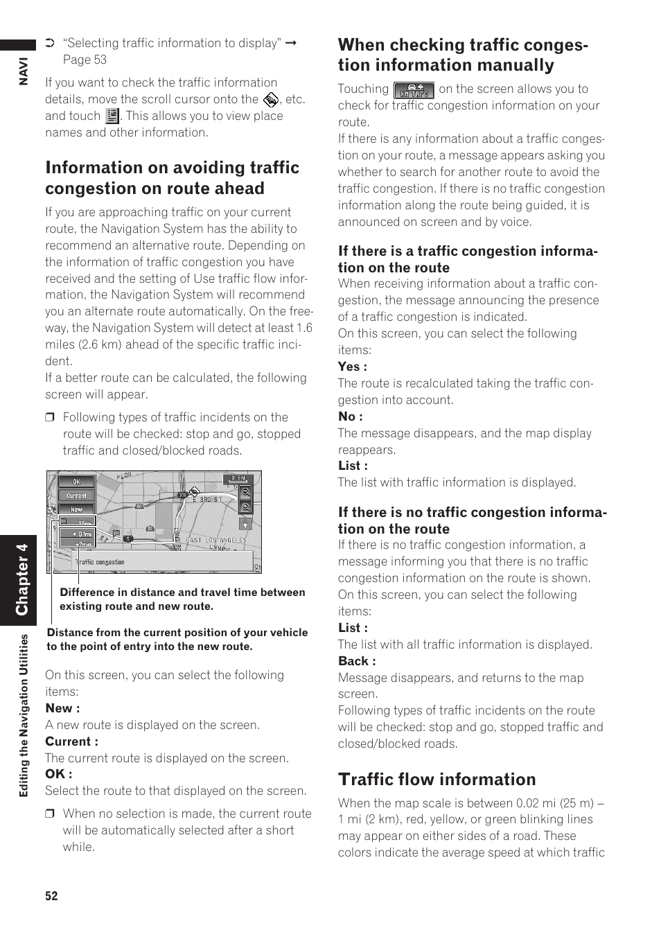 Information on avoiding traffic congestion on, Route ahead, When checking traffic congestion information | Manually 52, Traffic flow information | Pioneer AVIC-D1 User Manual | Page 54 / 133