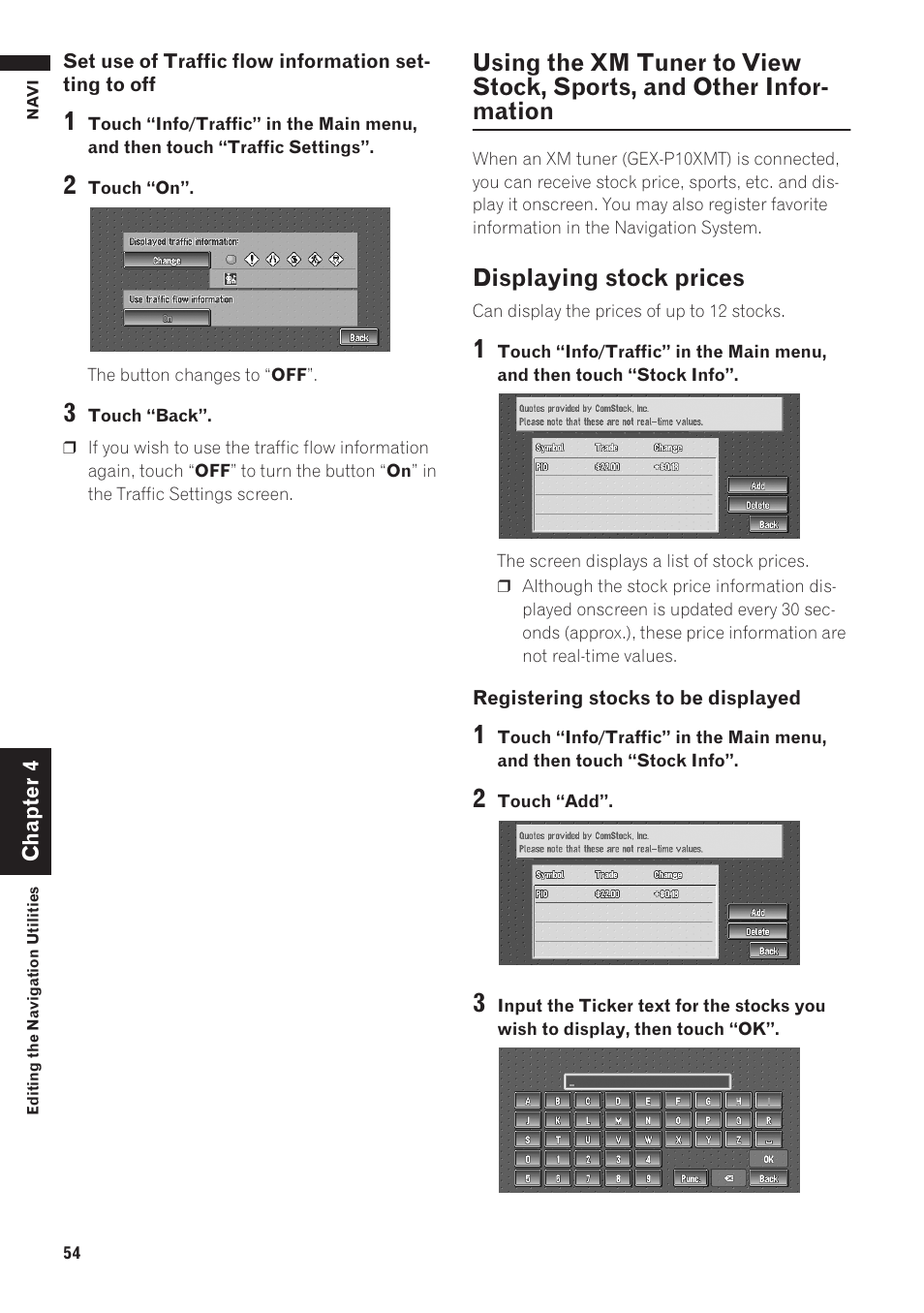 Using the xm tuner to view stock, sports, and, Other information 54, Displaying stock prices | Pioneer AVIC-D1 User Manual | Page 56 / 133