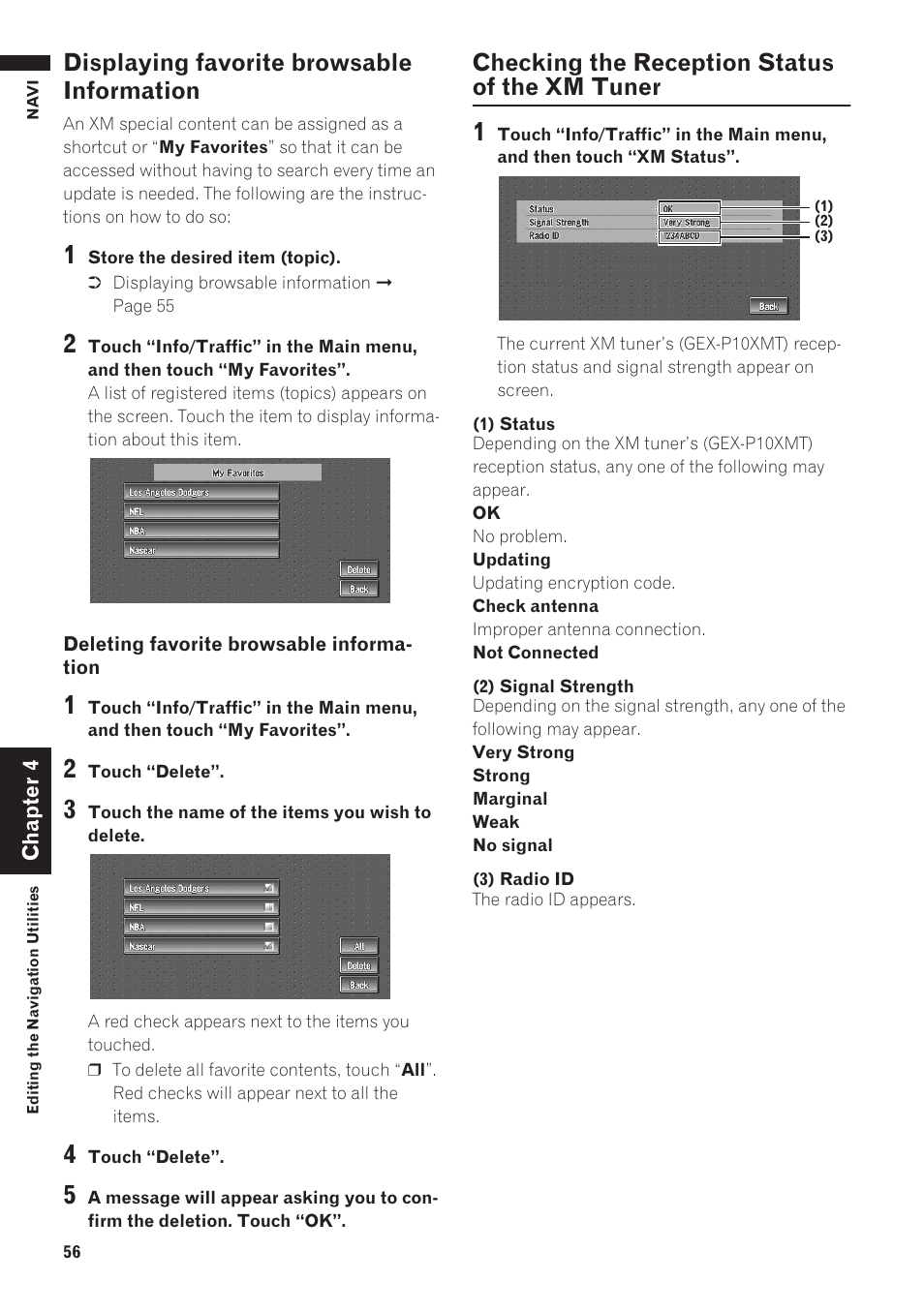 Displaying favorite browsable information 56, Checking the reception status of the xm, Tuner | Displaying favorite browsable information, Checking the reception status of the xm tuner | Pioneer AVIC-D1 User Manual | Page 58 / 133