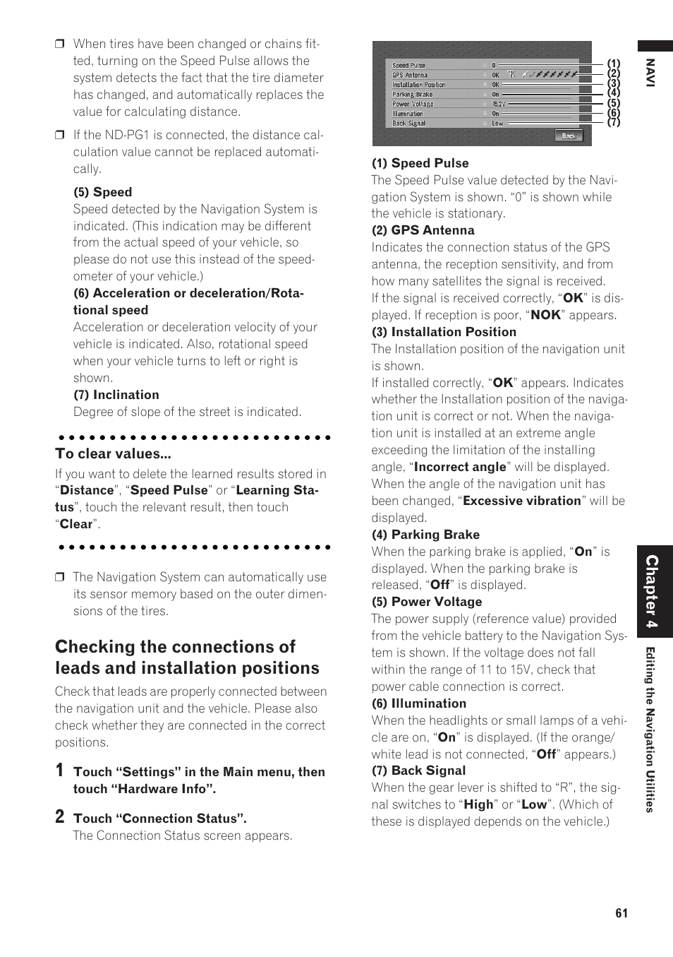 Checking the connections of leads and installa, Tion positions 61, Chapter 4 | Pioneer AVIC-D1 User Manual | Page 63 / 133