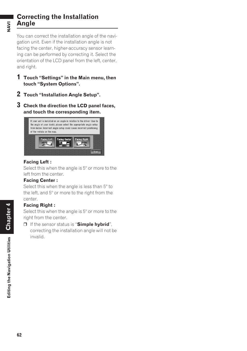 Correcting the installation angle 62, Correcting the installation angle | Pioneer AVIC-D1 User Manual | Page 64 / 133