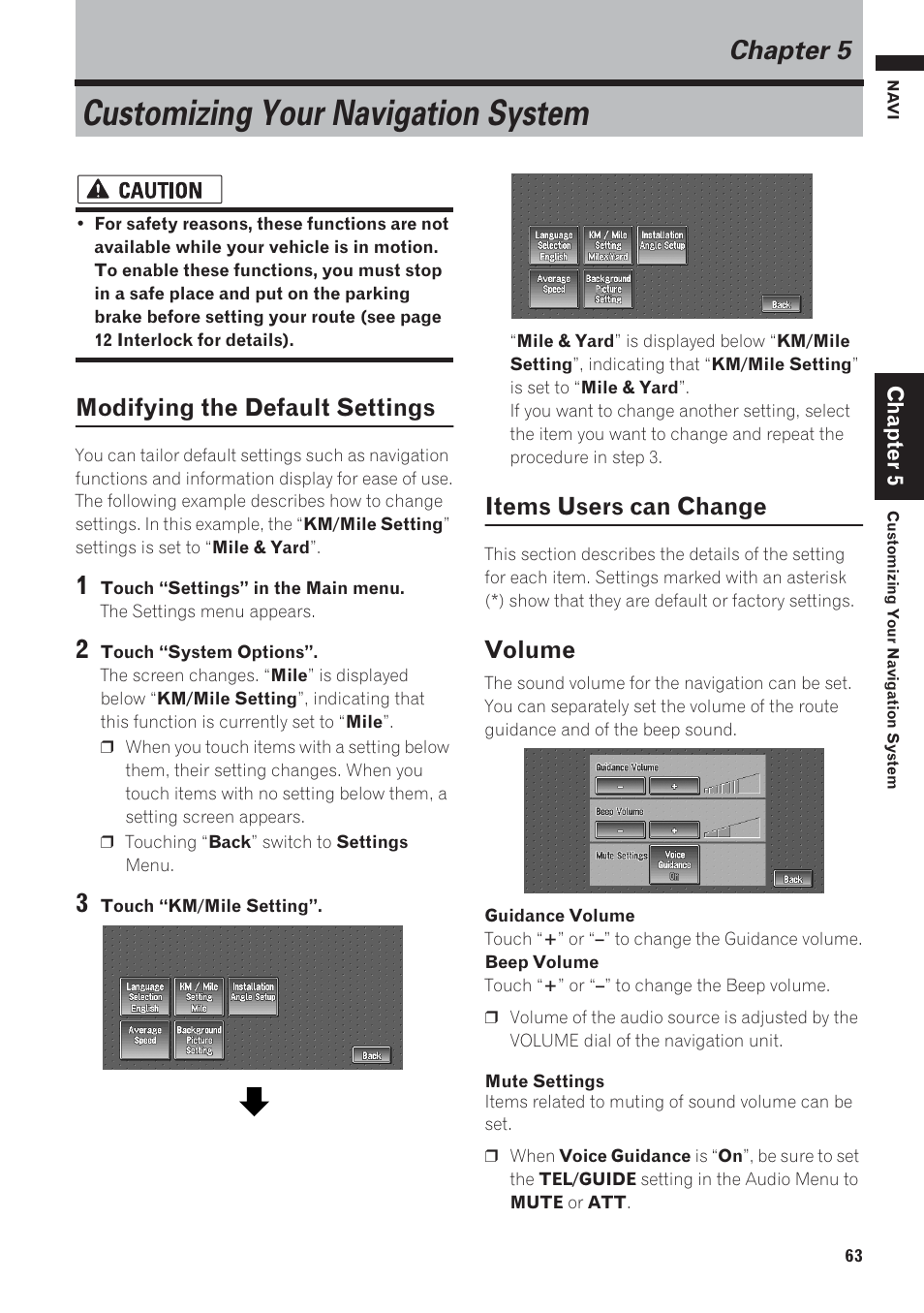 Chapter 5, Customizing your navigation sys- tem, Modifying the default settings | Items users can change, Volume, Customizing your navigation system | Pioneer AVIC-D1 User Manual | Page 65 / 133