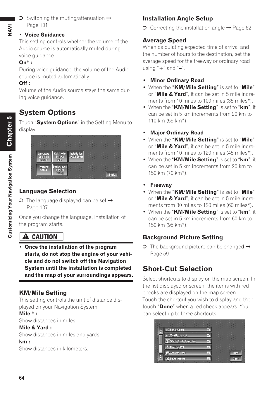 System options, Short-cut selection | Pioneer AVIC-D1 User Manual | Page 66 / 133