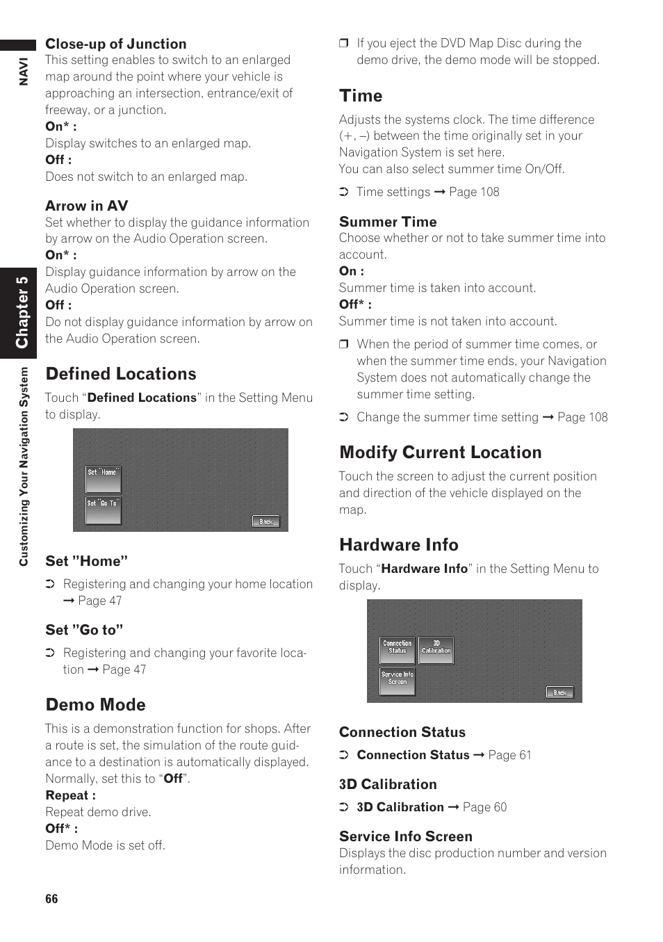 Defined locations, Demo mode, Time | Modify current location, Hardware info | Pioneer AVIC-D1 User Manual | Page 68 / 133