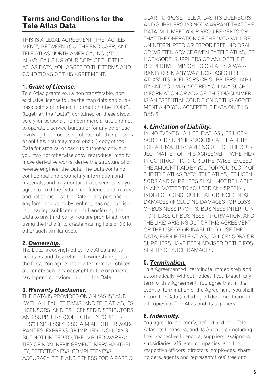 Terms and conditions for the tele atlas data | Pioneer AVIC-D1 User Manual | Page 7 / 133