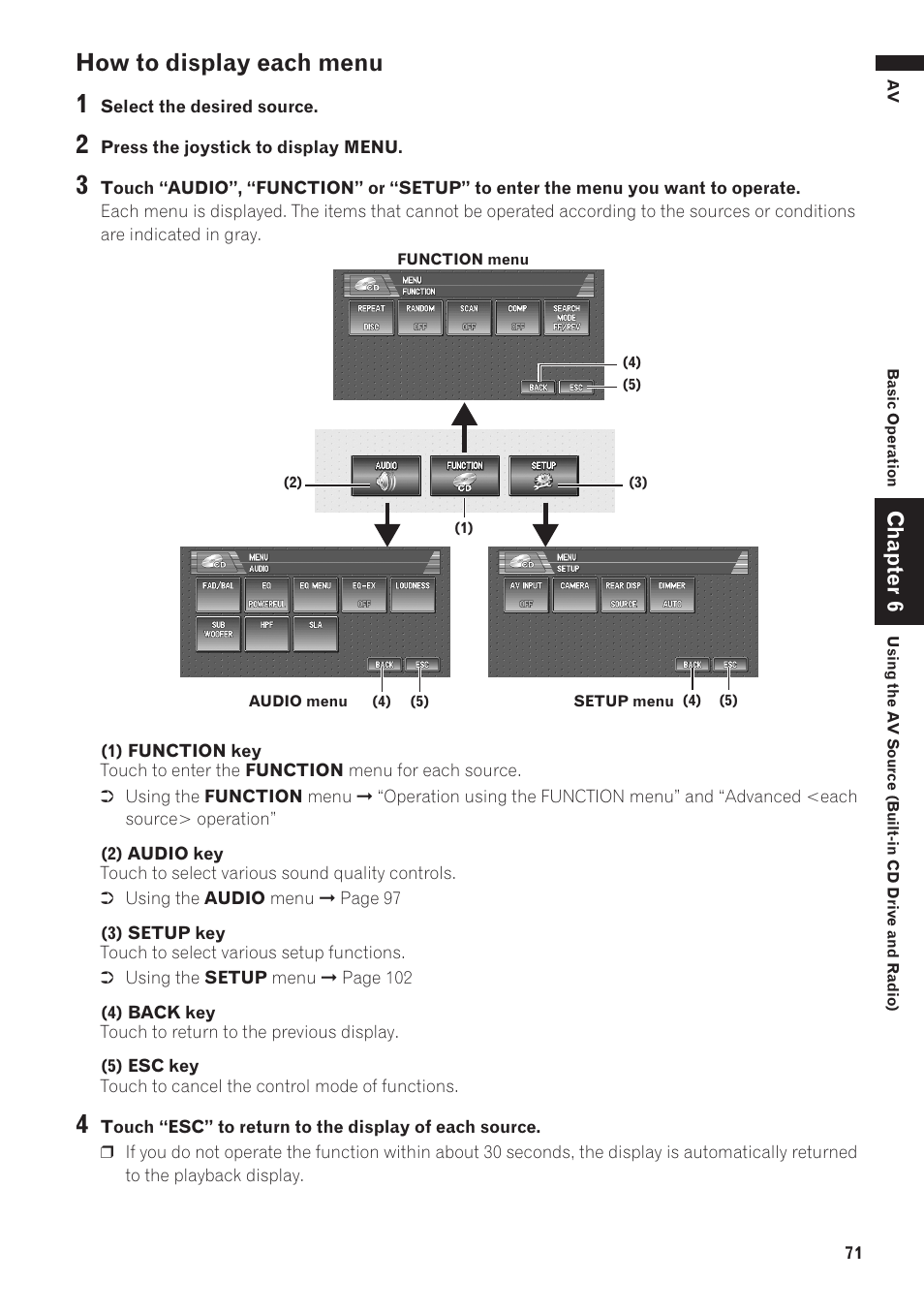 How to display each menu 71, How to display each menu, Chapter 6 | Pioneer AVIC-D1 User Manual | Page 73 / 133