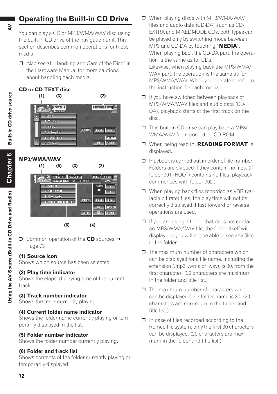 Operating the built-in cd drive 72, Operating the built-in cd drive, Chapter 6 | Pioneer AVIC-D1 User Manual | Page 74 / 133