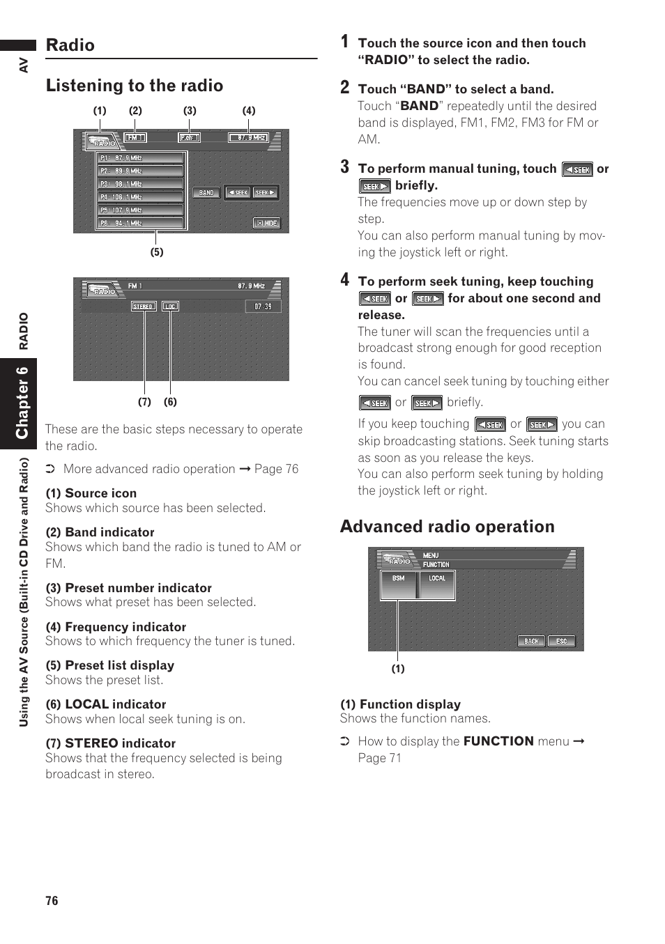 Radio 76, Listening to the radio, Advanced radio operation | Radio listening to the radio | Pioneer AVIC-D1 User Manual | Page 78 / 133