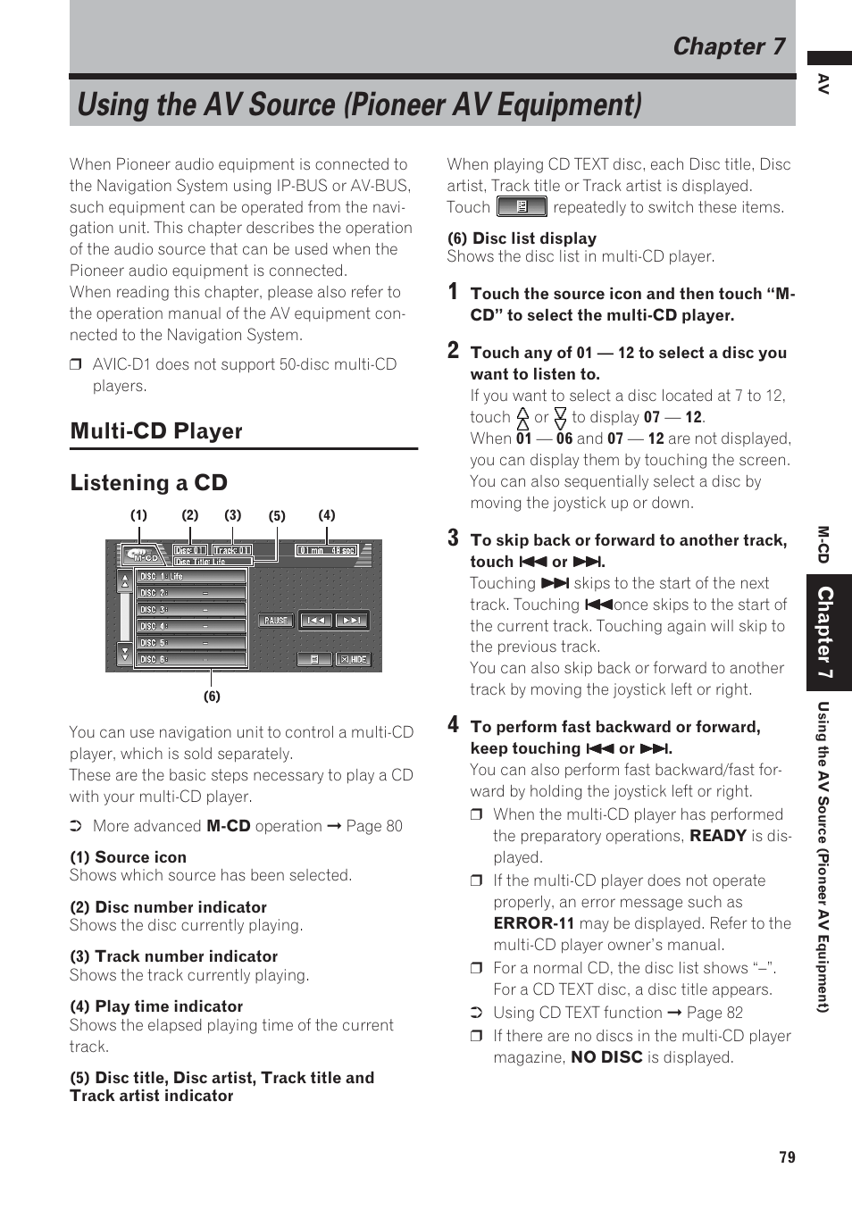 Chapter 7, Using the av source (pioneer av equipment), Multi-cd player 79 | Listening a cd, Multi-cd player listening a cd | Pioneer AVIC-D1 User Manual | Page 81 / 133