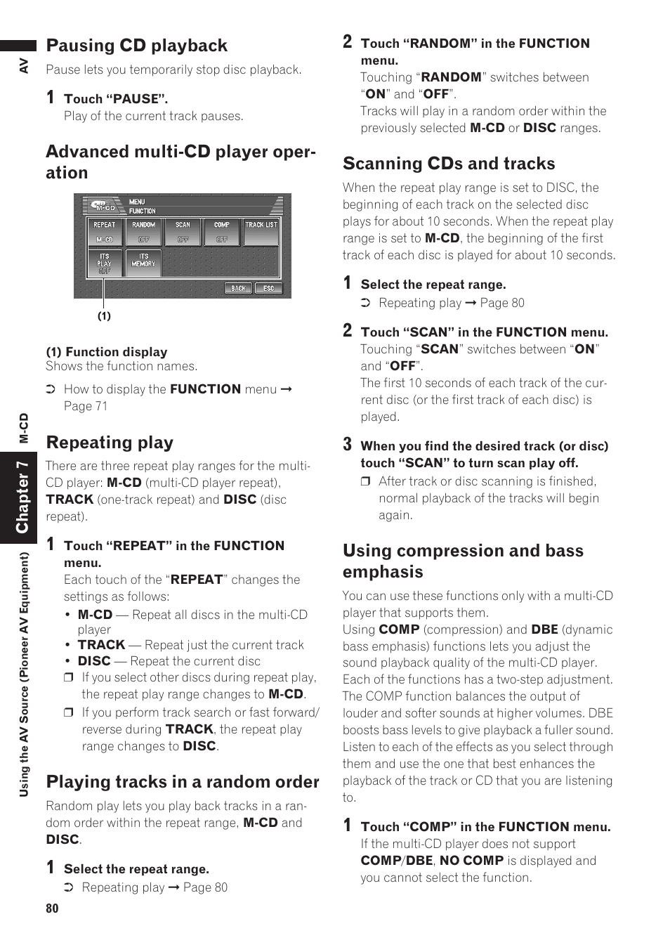 Repeating play, Playing tracks in a random order, Pausing cd playback | Advanced multi-cd player oper- ation, Scanning cds and tracks, Using compression and bass emphasis | Pioneer AVIC-D1 User Manual | Page 82 / 133