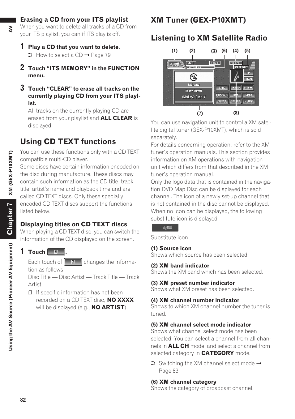 Using cd text functions, Xm tuner (gex-p10xmt) 82, Listening to xm satellite radio 82 | Pioneer AVIC-D1 User Manual | Page 84 / 133