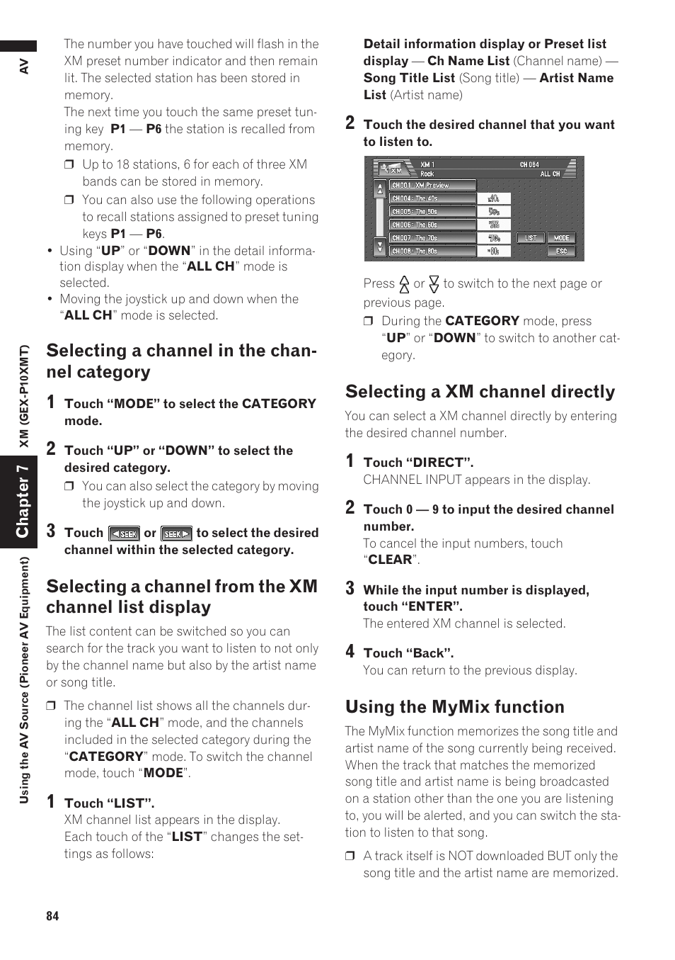 Selecting a channel in the channel category, Selecting a channel from the xm channel list, Display 84 | Selecting a xm channel directly, Using the mymix function 84, Selecting a channel in the chan- nel category, Using the mymix function | Pioneer AVIC-D1 User Manual | Page 86 / 133