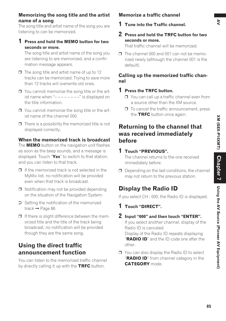 Using the direct traffic announcement, Function, Returning to the channel that was received im | Mediately before 85, Display the radio id 85, Using the direct traffic announcement function, Display the radio id | Pioneer AVIC-D1 User Manual | Page 87 / 133