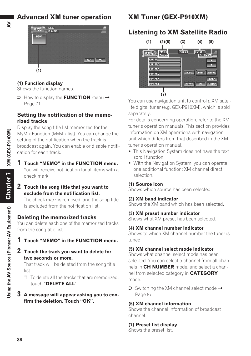 Advanced xm tuner operation, Xm tuner (gex-p910xm) 86, Listening to xm satellite radio 86 | Pioneer AVIC-D1 User Manual | Page 88 / 133