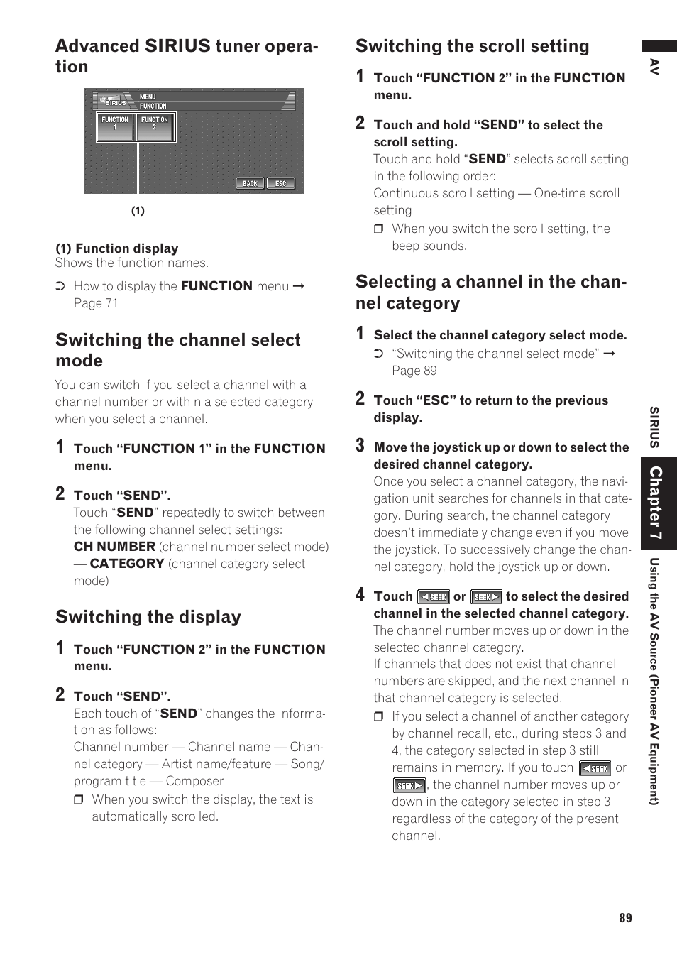 Selecting a channel in the channel category, Advanced sirius tuner opera- tion, Switching the channel select mode | Switching the display, Switching the scroll setting, Selecting a channel in the chan- nel category | Pioneer AVIC-D1 User Manual | Page 91 / 133