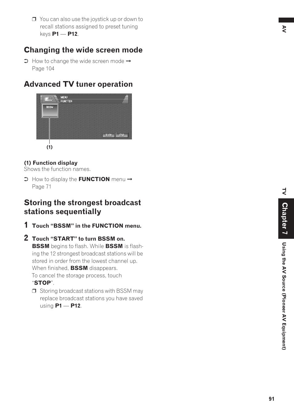 Changing the wide screen mode, Sequentially 91, Advanced tv tuner operation | Pioneer AVIC-D1 User Manual | Page 93 / 133