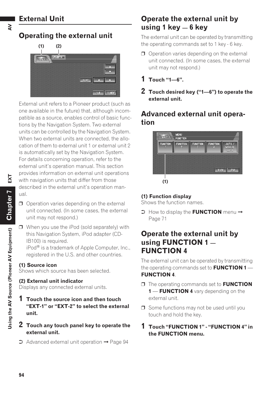 External unit 94, Operating the external unit, Operate the external unit by using 1 key — 6 | Advanced external unit operation, Operate the external unit by using function 1, Function 4, External unit operating the external unit, Operate the external unit by using 1 key, 6 key, Advanced external unit opera- tion | Pioneer AVIC-D1 User Manual | Page 96 / 133