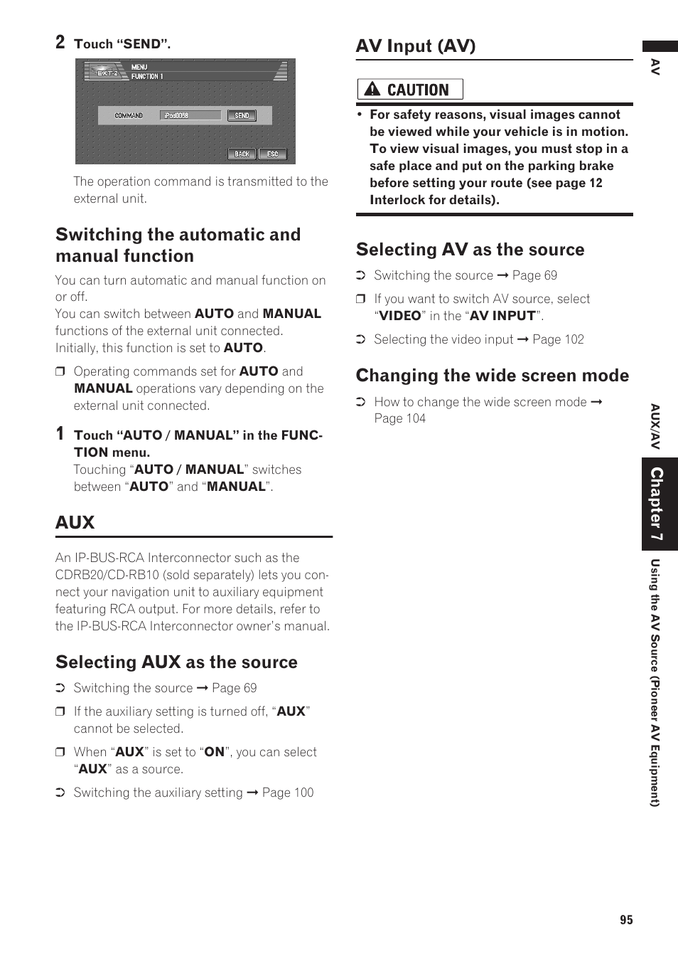 Switching the automatic and manual, Function 95, Selecting aux as the source 95 | Av input (av) 95, Selecting av as the source, Changing the wide screen mode 95, Switching the automatic and manual function, Selecting aux as the source, Av input (av), Changing the wide screen mode | Pioneer AVIC-D1 User Manual | Page 97 / 133