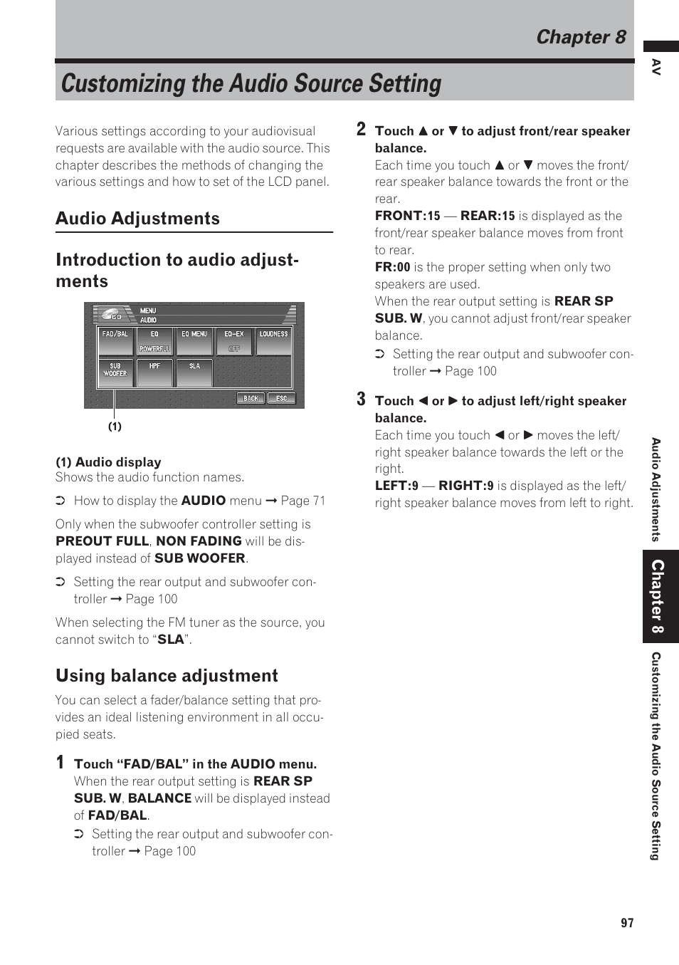 Chapter 8, Customizing the audio source set- ting, Audio adjustments 97 | Customizing the audio source setting, Using balance adjustment | Pioneer AVIC-D1 User Manual | Page 99 / 133