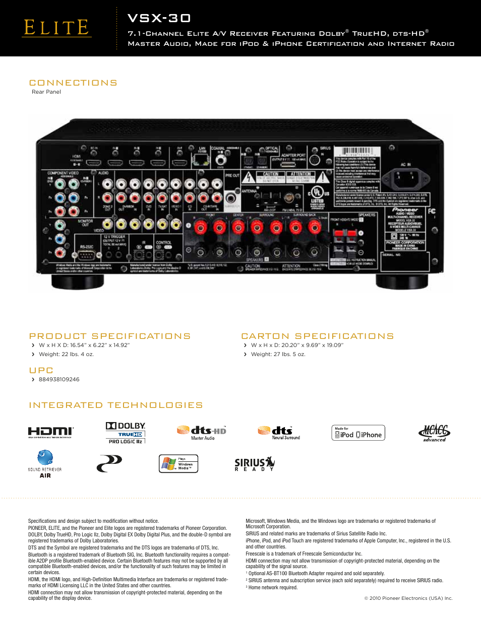 Vsx-30, Integrated technologies product specifications, Carton specifications | Connections, Channel elite a/v receiver featuring dolby, Truehd, dts-hd | Pioneer Elite VSX-30 User Manual | Page 2 / 2