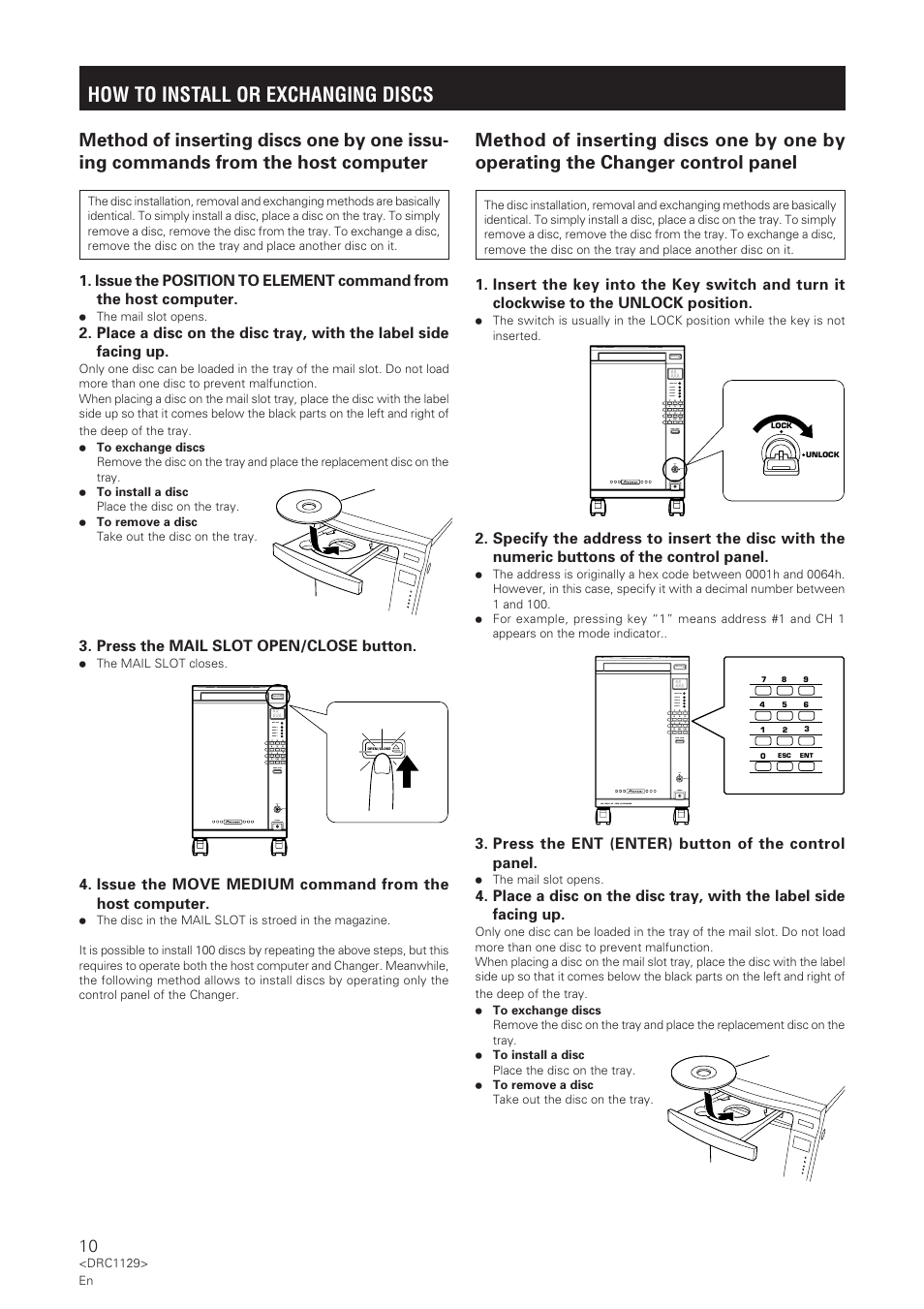 How to install or exchanging discs, Press the ent (enter) button of the control panel, Press the mail slot open/close button | Pioneer DRM-1004 User Manual | Page 10 / 52
