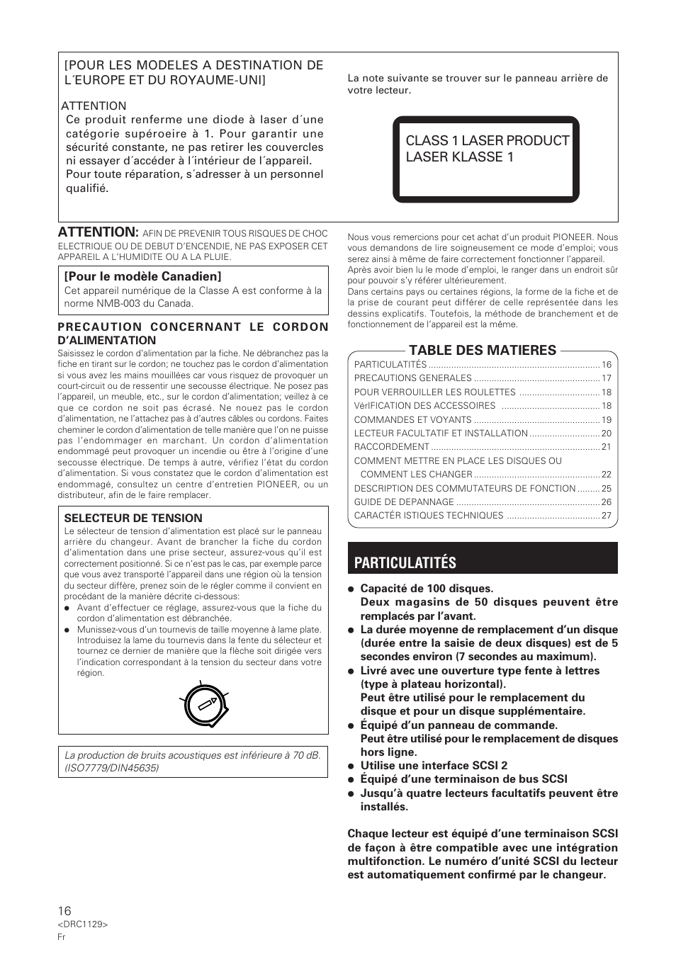 Particulatités, Table des matieres, Class 1 laser product laser klasse 1 | Attention | Pioneer DRM-1004 User Manual | Page 16 / 52