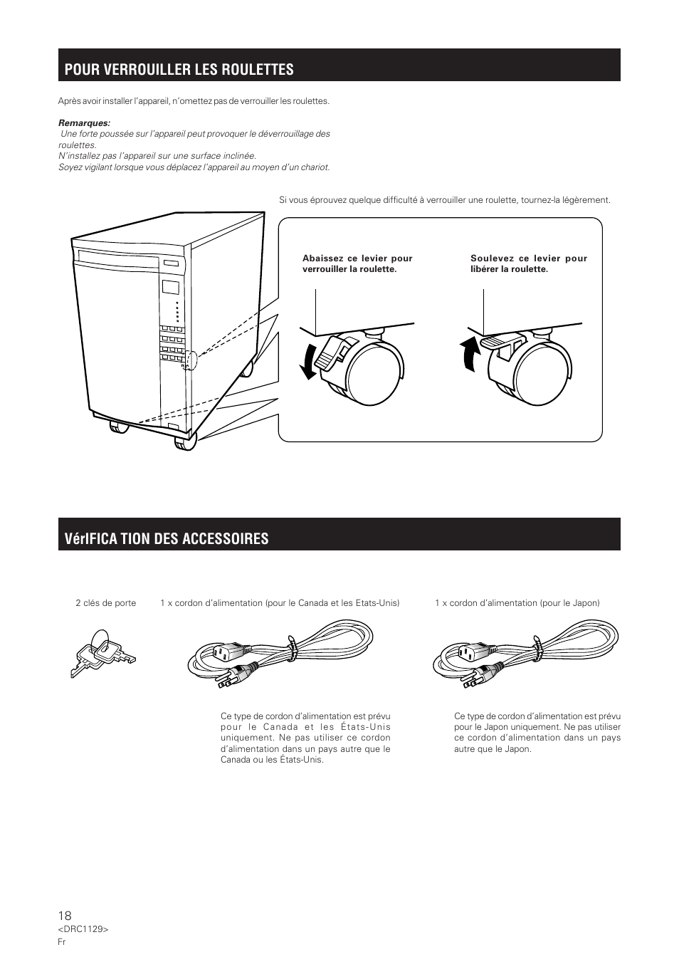 Pour verrouiller les roulettes, Vérifica tion des accessoires | Pioneer DRM-1004 User Manual | Page 18 / 52