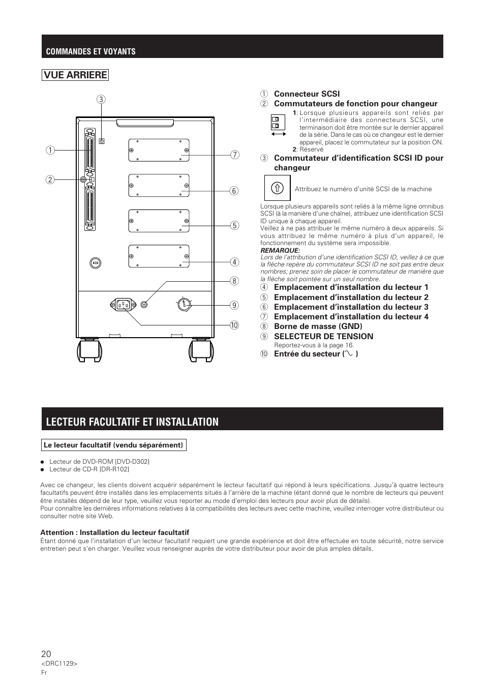 Lecteur facultatif et installation, Vue arriere | Pioneer DRM-1004 User Manual | Page 20 / 52