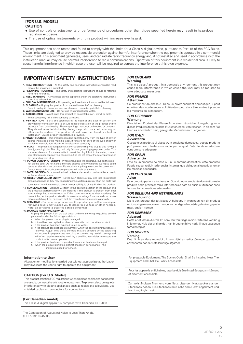 Important! safety instructions | Pioneer DRM-1004 User Manual | Page 3 / 52