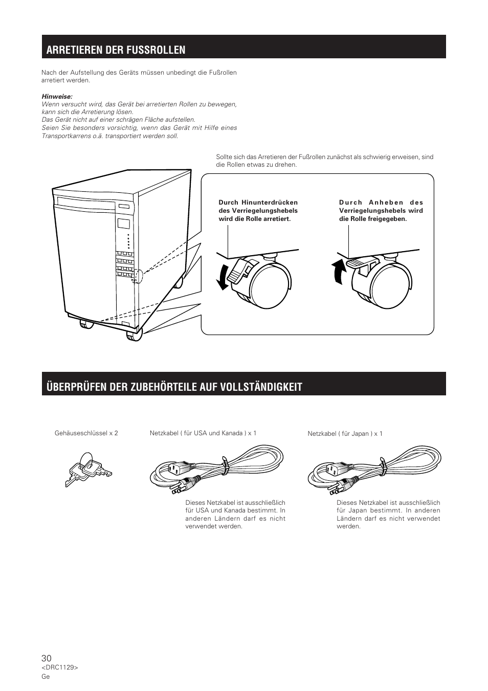 Arretieren der fussrollen, Überprüfen der zubehörteile auf vollständigkeit | Pioneer DRM-1004 User Manual | Page 30 / 52