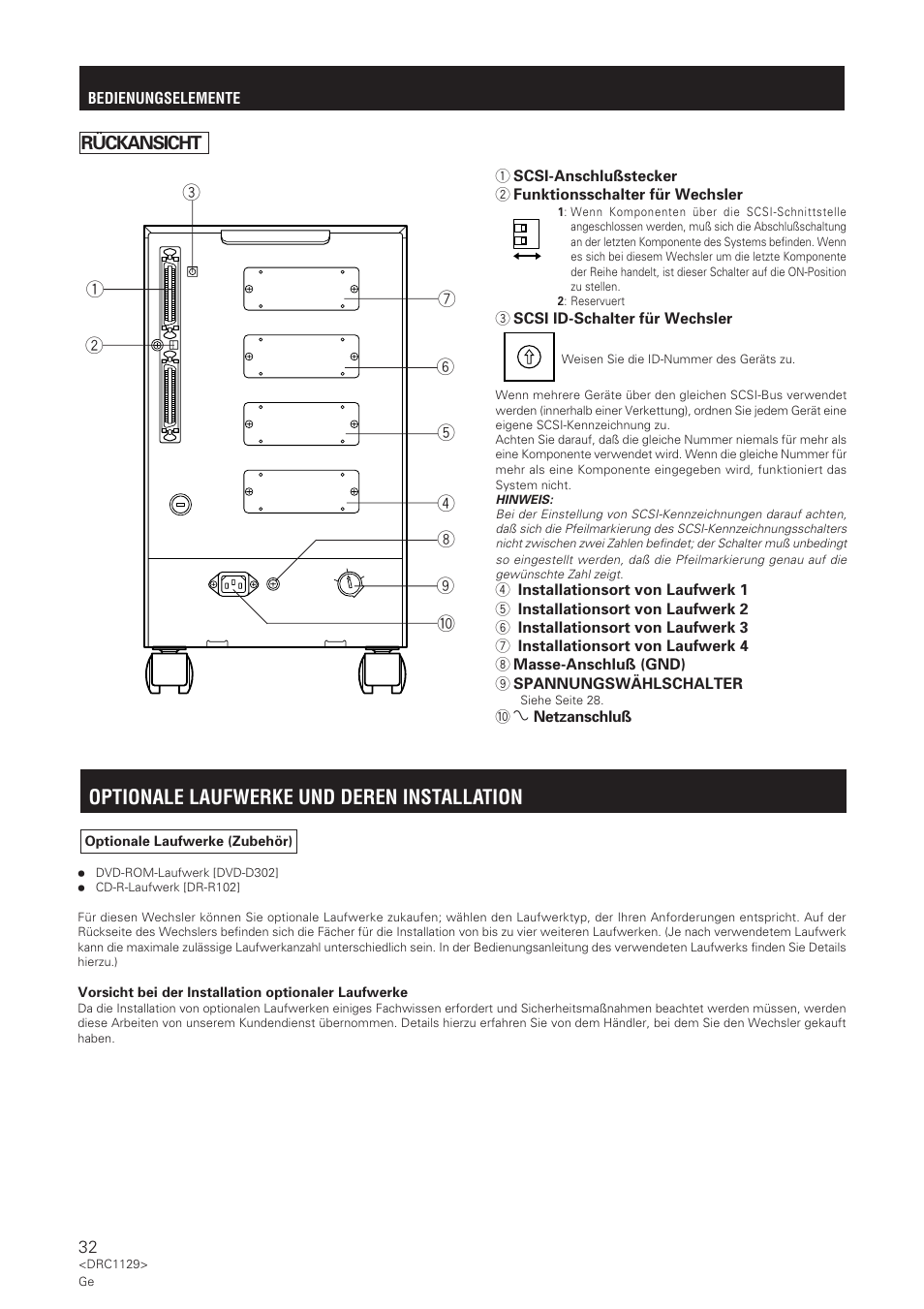 Optionale laufwerke und deren installation, Rückansicht | Pioneer DRM-1004 User Manual | Page 32 / 52
