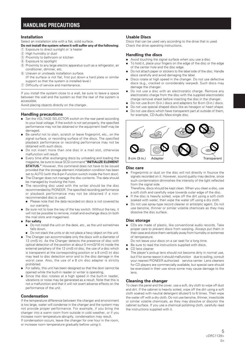 Handling precautions | Pioneer DRM-1004 User Manual | Page 5 / 52