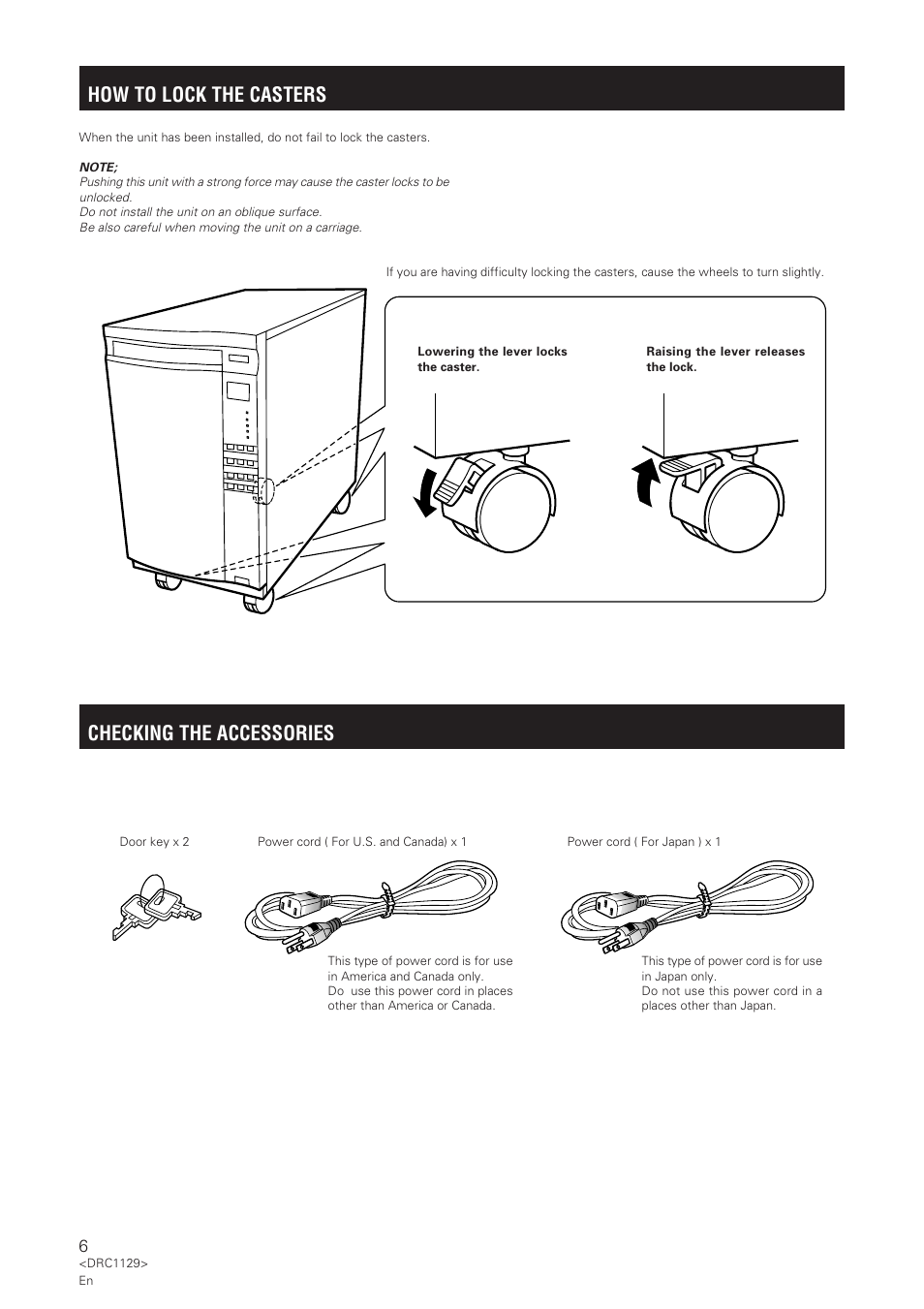 How to lock the casters, Checking the accessories | Pioneer DRM-1004 User Manual | Page 6 / 52
