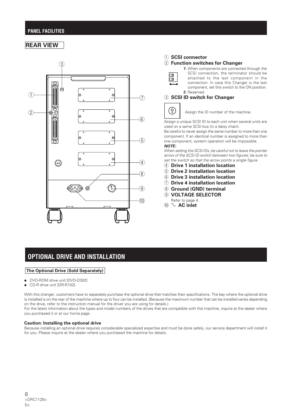 Optional drive and installation, Rear view | Pioneer DRM-1004 User Manual | Page 8 / 52