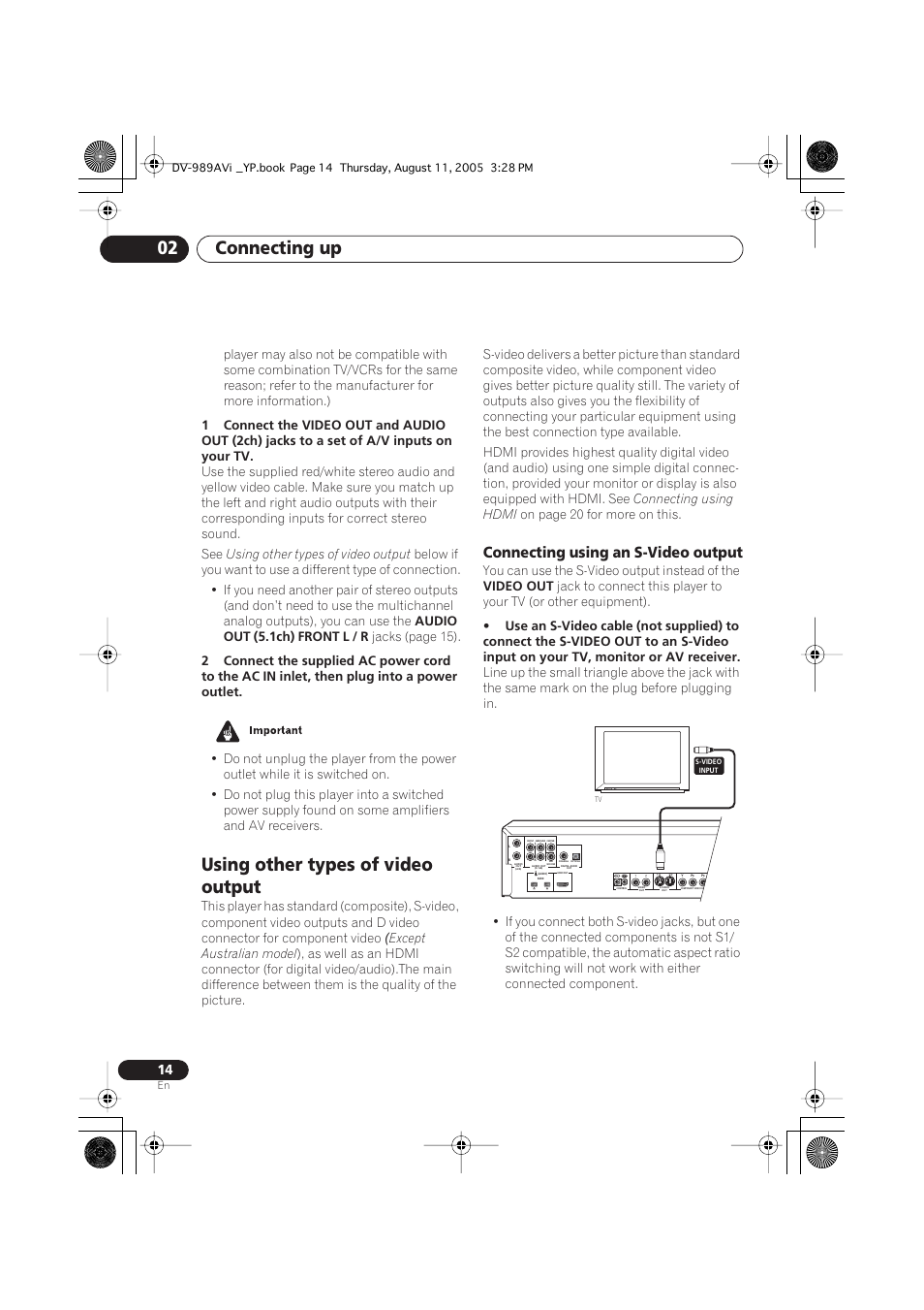 Using other types of video output, Connecting using an s-video output, Connecting up 02 | Pioneer DV-989AVi-S User Manual | Page 14 / 96