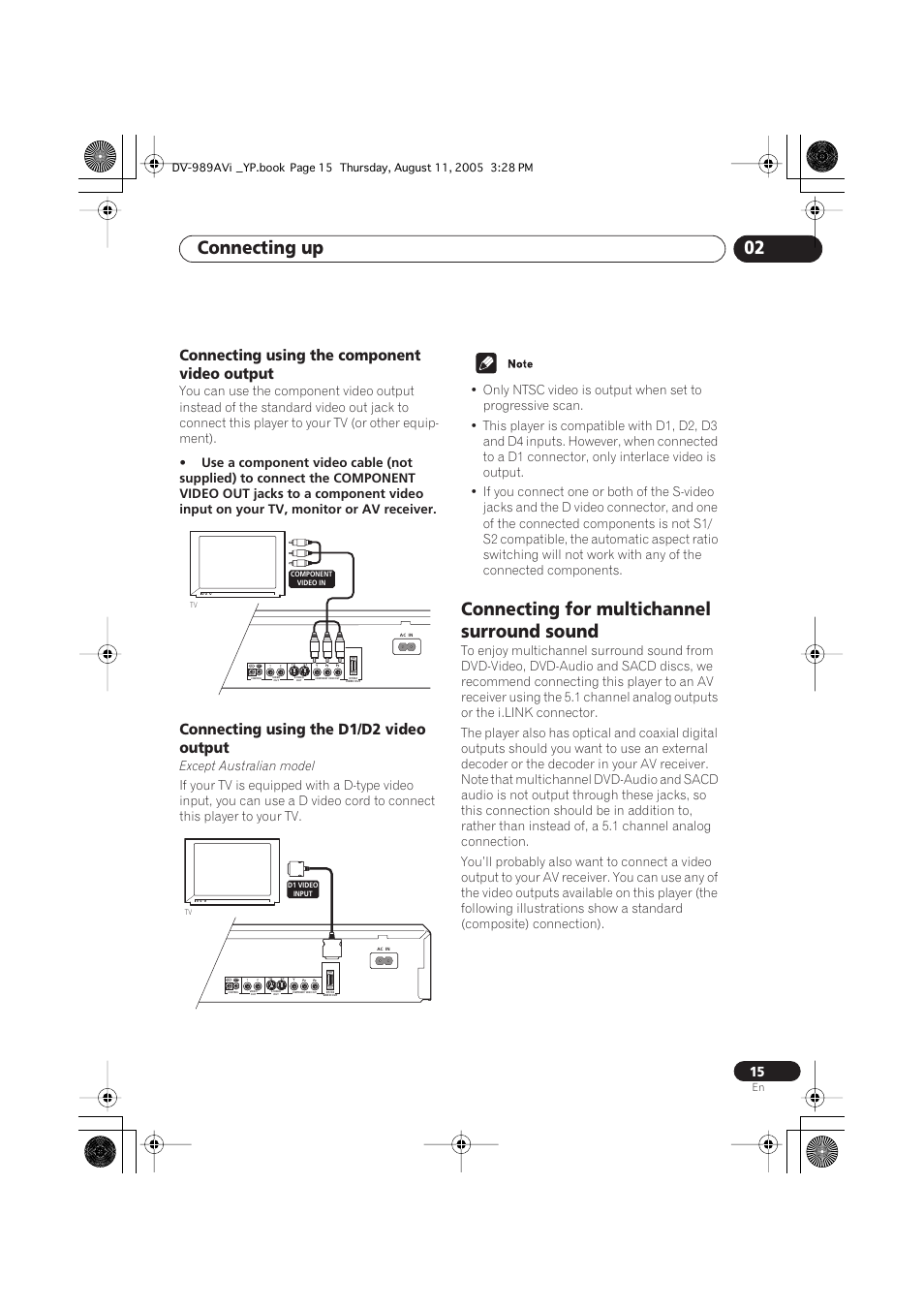 Connecting using the component video output, Connecting using the d1/d2 video output, Connecting for multichannel surround sound | Connecting up 02, Except australian model | Pioneer DV-989AVi-S User Manual | Page 15 / 96