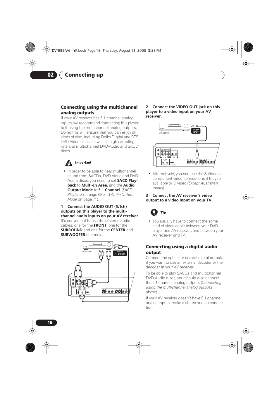 Connecting using the multichannel analog outputs, Connecting using a digital audio output, Connecting up 02 | Sacd play- back, Multi-ch area, And the, Audio output mode, 1 channel, Sacd playback, On page 68 and | Pioneer DV-989AVi-S User Manual | Page 16 / 96