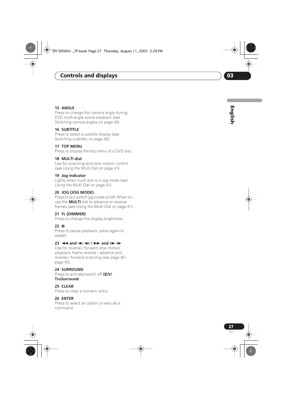 Controls and displays 03 | Pioneer DV-989AVi-S User Manual | Page 27 / 96