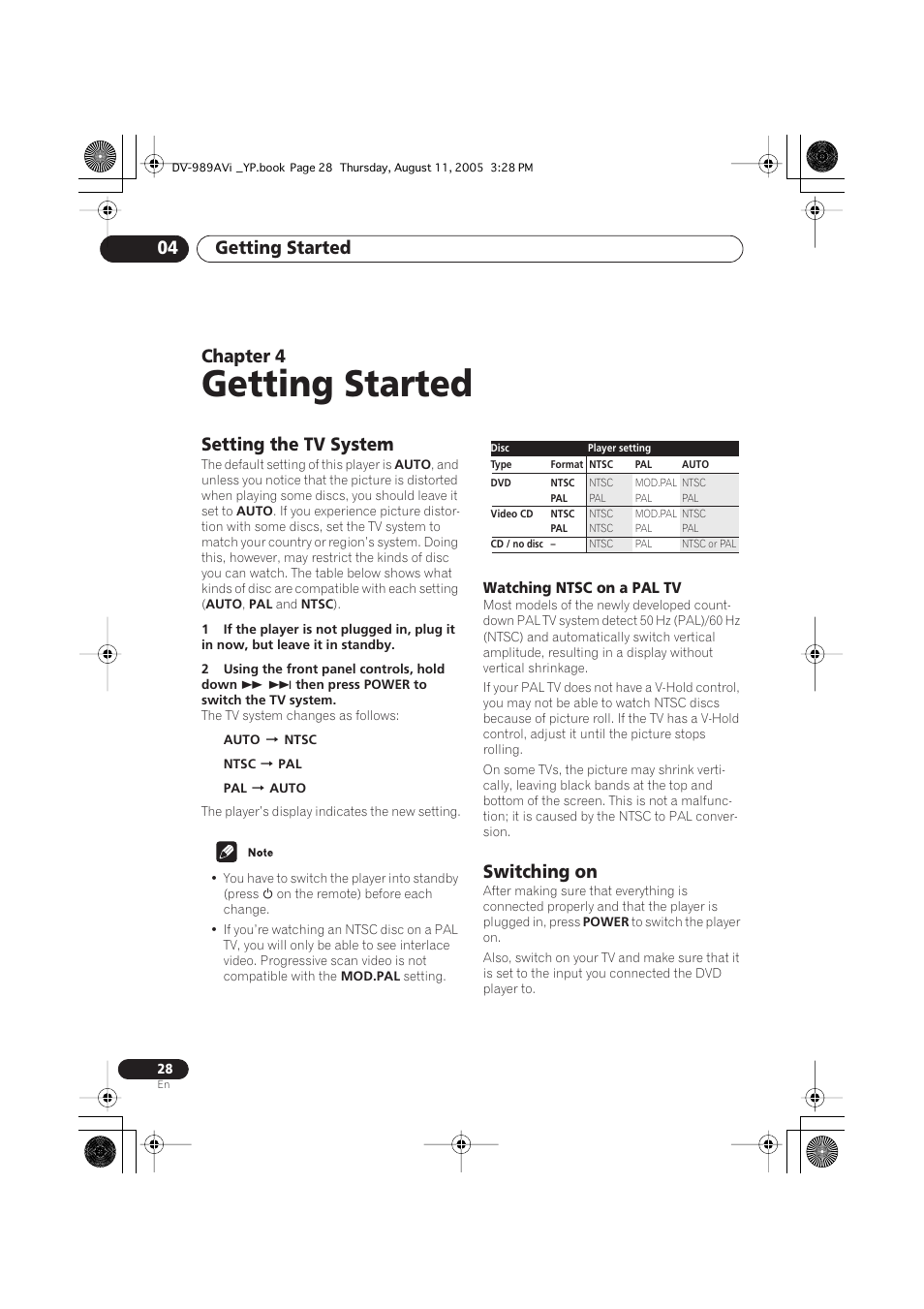 04 getting started, Setting the tv system, Watching ntsc on a pal tv | Switching on, Getting started, Getting started 04, Chapter 4 | Pioneer DV-989AVi-S User Manual | Page 28 / 96