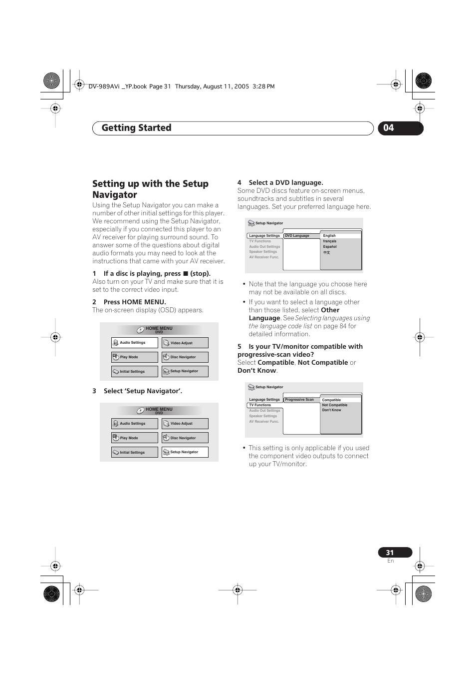 Setting up with the setup navigator, Getting started 04 | Pioneer DV-989AVi-S User Manual | Page 31 / 96