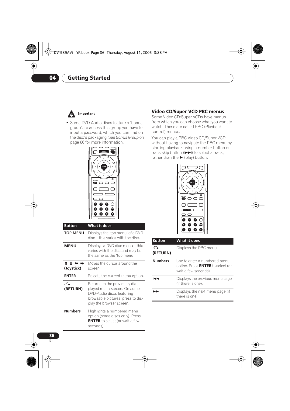 Video cd/super vcd pbc menus, Getting started 04, Bonus group | On page 66 for more information, Play) button, Menu, Return), Enter | Pioneer DV-989AVi-S User Manual | Page 36 / 96