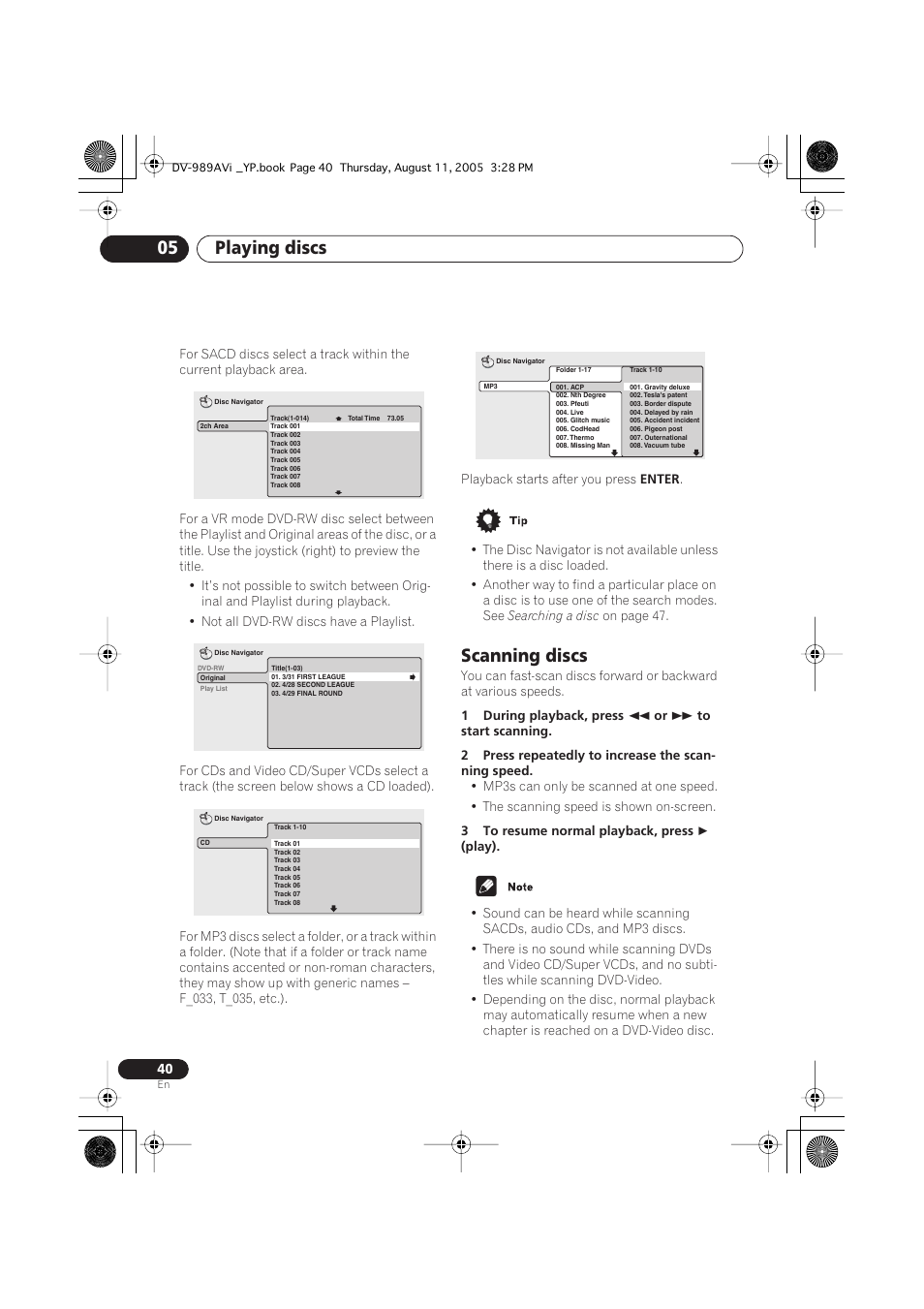 Scanning discs, Playing discs 05 | Pioneer DV-989AVi-S User Manual | Page 40 / 96
