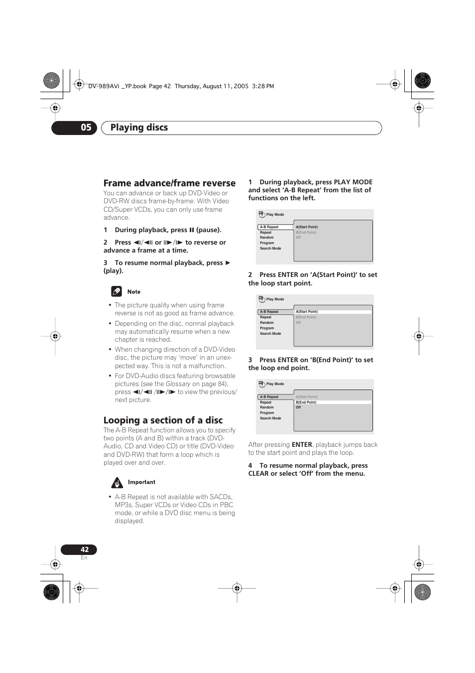 Frame advance/frame reverse, Looping a section of a disc, Playing discs 05 | Pioneer DV-989AVi-S User Manual | Page 42 / 96
