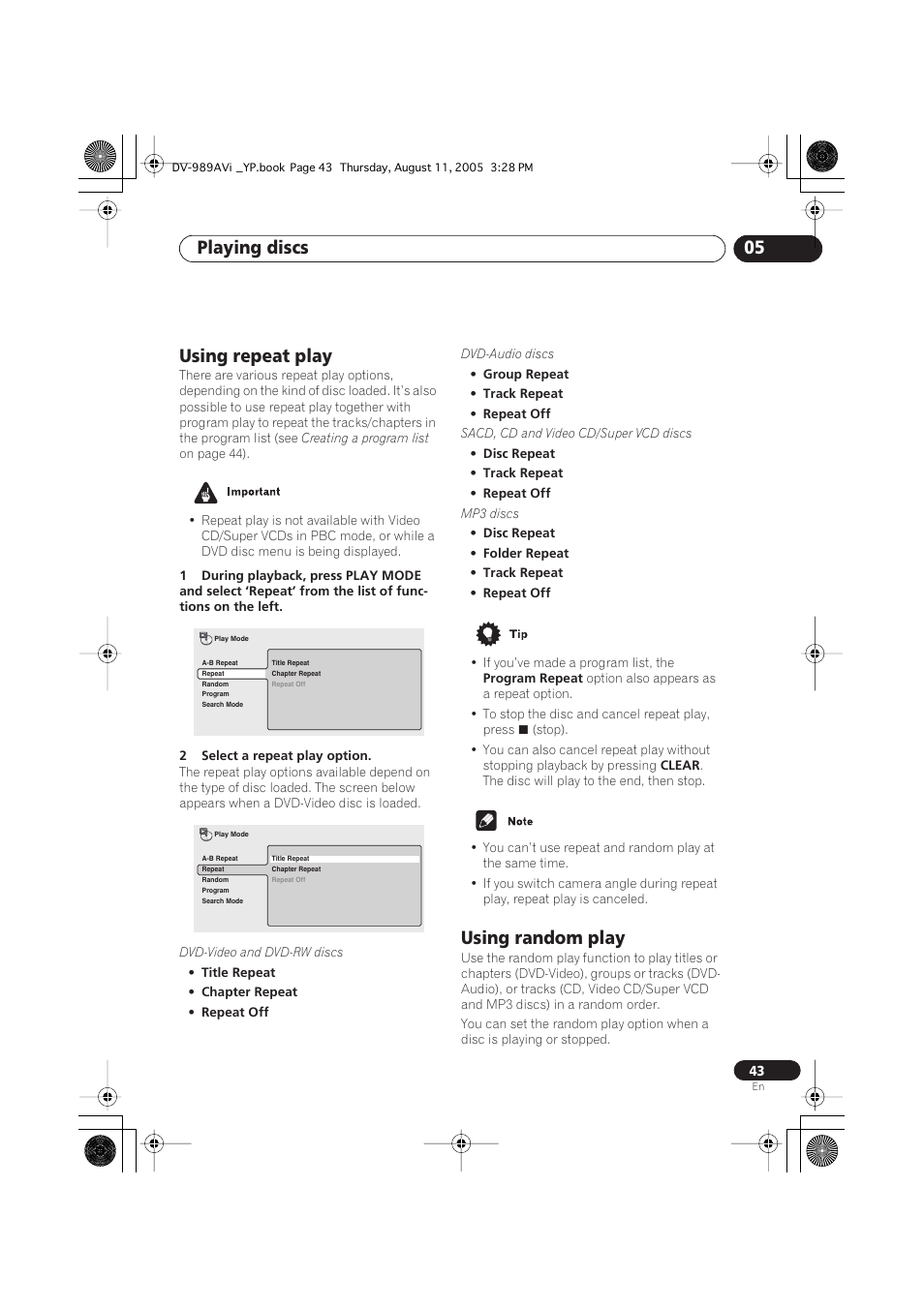 Using repeat play, Using random play, Playing discs 05 | Pioneer DV-989AVi-S User Manual | Page 43 / 96