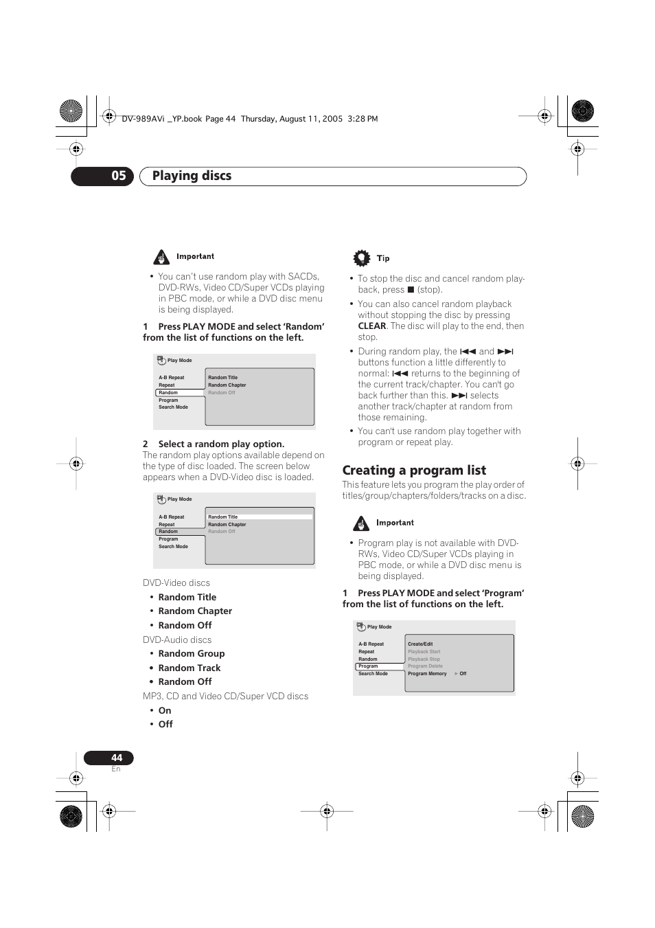 Creating a program list, Playing discs 05 | Pioneer DV-989AVi-S User Manual | Page 44 / 96