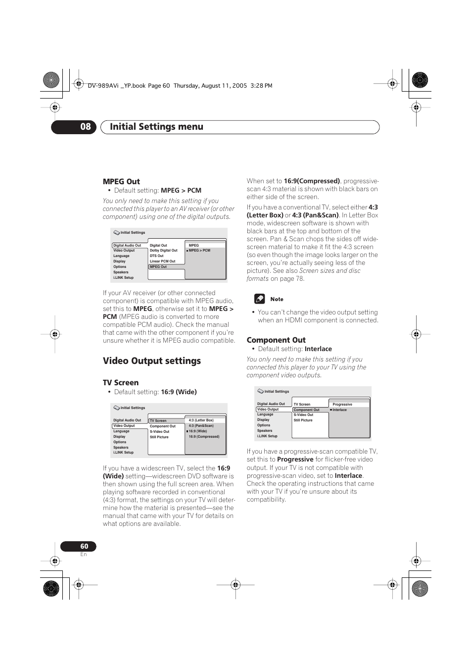 Mpeg out, Video output settings, Tv screen | Component out, Initial settings menu 08 | Pioneer DV-989AVi-S User Manual | Page 60 / 96