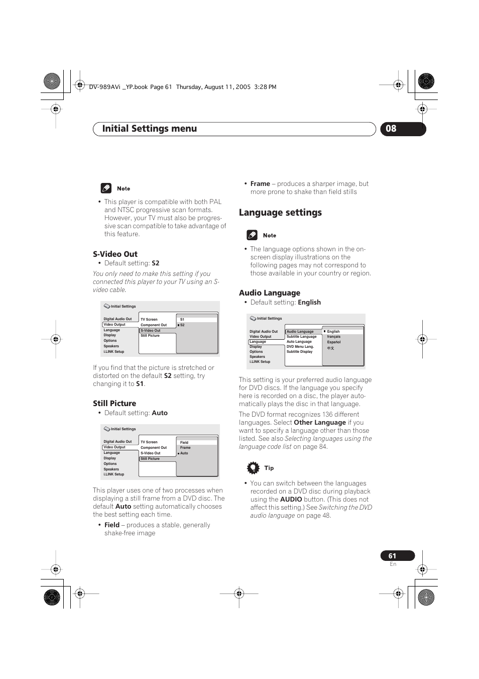 S-video out, Still picture, Language settings | Audio language, Initial settings menu 08 | Pioneer DV-989AVi-S User Manual | Page 61 / 96
